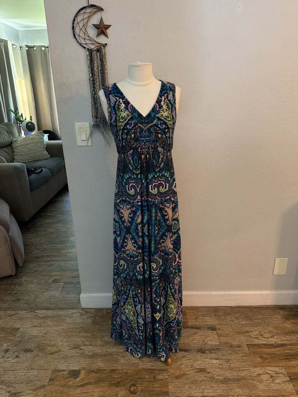 Chico's Shift Long Maxi Dress Stretch Paisley Print Blue Purple Black Beach O